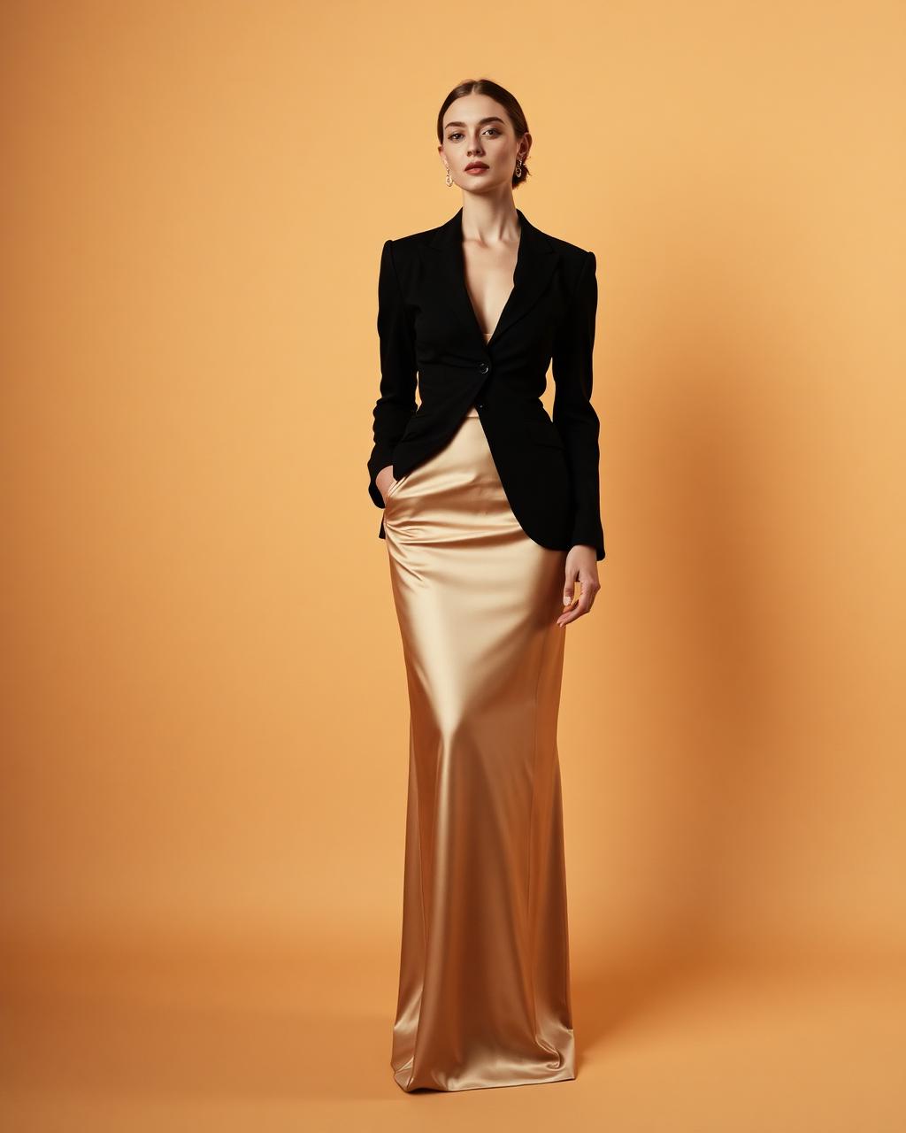 After Eight — Champagne silk, sharp shoulder