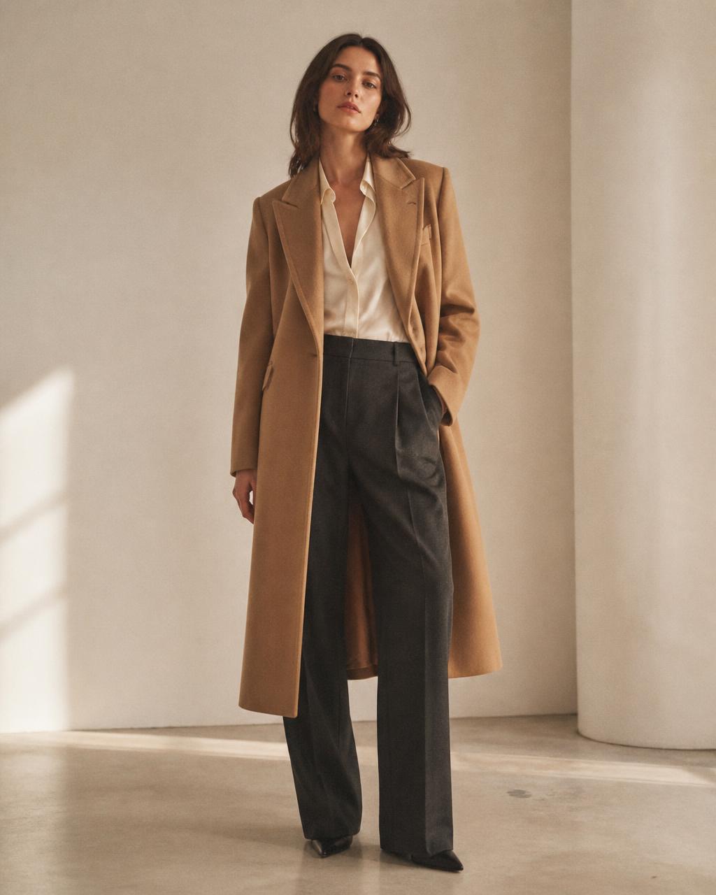 The Long Coat Look — Camel wool over ivory silk